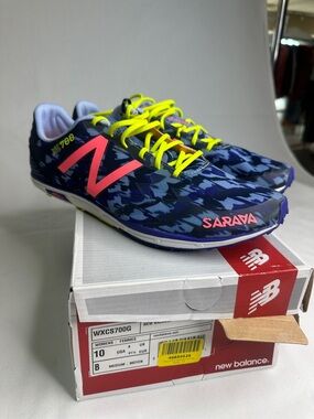 New Balance Navy Camo Sarava Racing Shoes with Pink Logo and Neon Yellow Laces